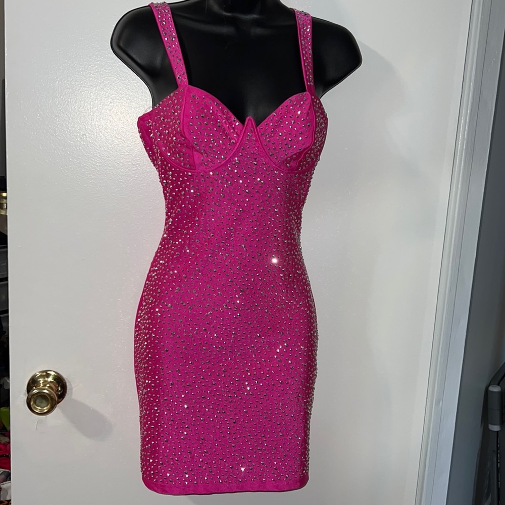 Hot pink super stretch dress with silver studs